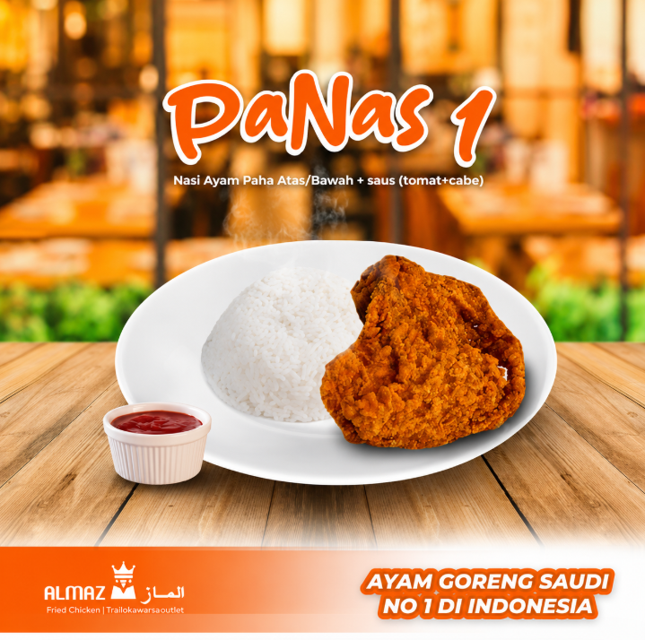 PaNas 1 Almaz Fried Chicken dengan nasi putih dan ayam krispi jumbo berbumbu Saudi
