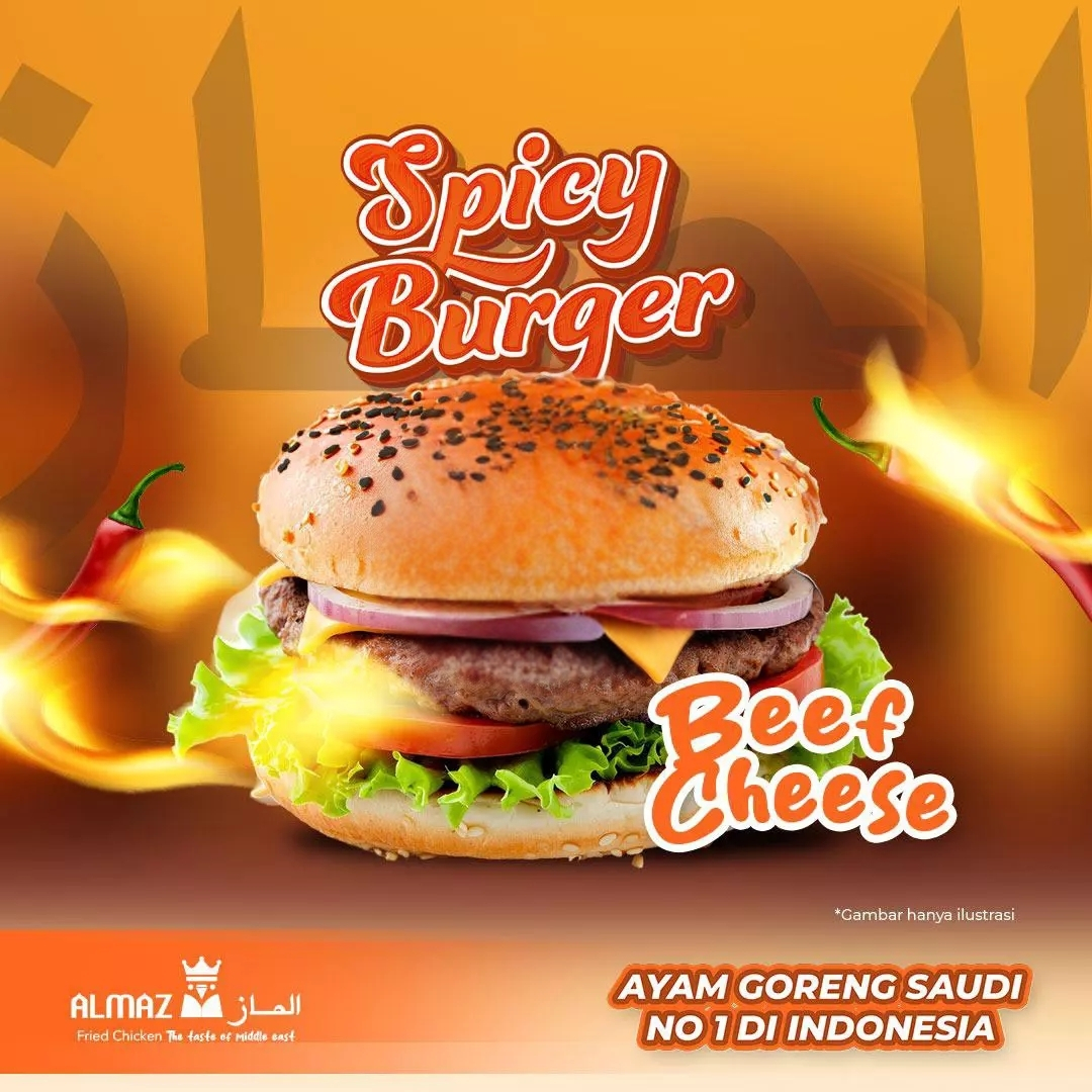 Spicy Beef Cheese Burger Almaz dengan patty daging sapi, keju, dan saus pedas
